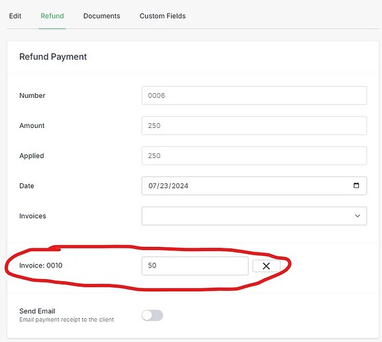 Partial refund screen
